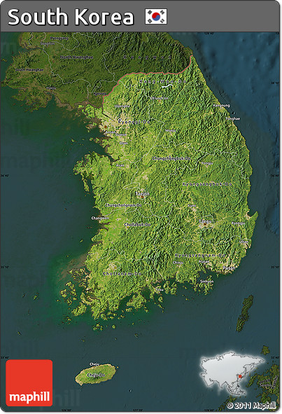 Satellite Map of South Korea, darken