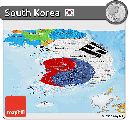 Flag Panoramic Map of South Korea, political outside, flag rotated