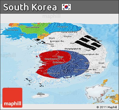 Flag Panoramic Map of South Korea, political outside, flag rotated