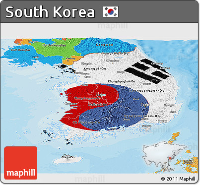 Flag Panoramic Map of South Korea, political outside, flag rotated