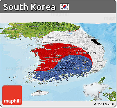 Flag Panoramic Map of South Korea, satellite outside, bathymetry sea, flag centered