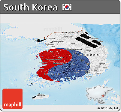 Flag Panoramic Map of South Korea, single color outside, shaded relief sea, flag aligned to the middle