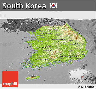 Physical Panoramic Map of South Korea, darken, desaturated