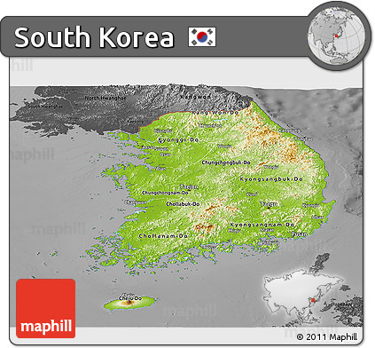 Physical Panoramic Map of South Korea, darken, desaturated