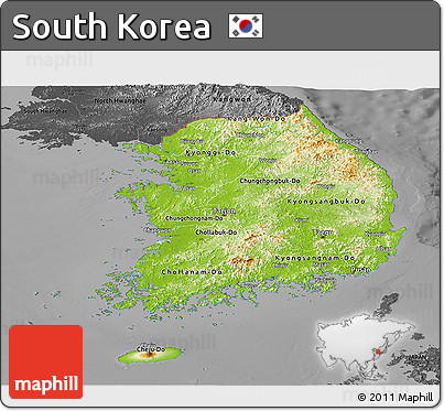 Physical Panoramic Map of South Korea, darken, desaturated