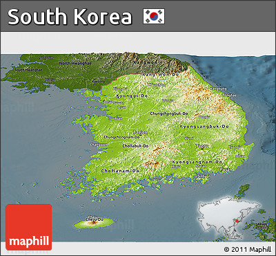 Physical Panoramic Map of South Korea, darken