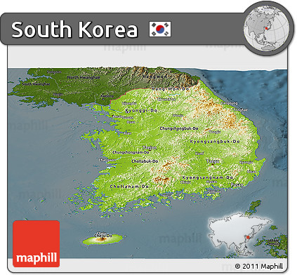 Physical Panoramic Map of South Korea, darken