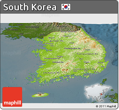 Physical Panoramic Map of South Korea, darken