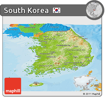 Physical Panoramic Map of South Korea, political outside