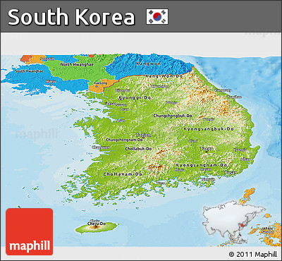 Physical Panoramic Map of South Korea, political outside