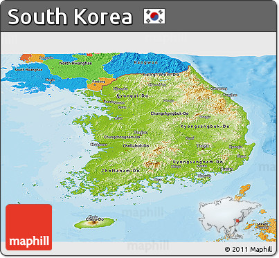 Physical Panoramic Map of South Korea, political outside