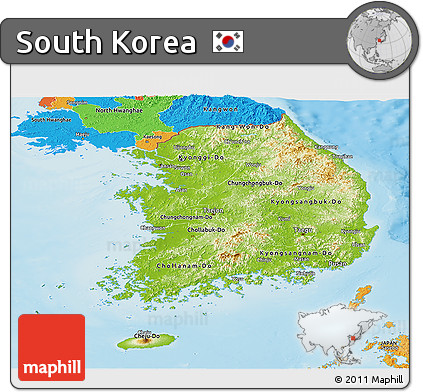 Physical Panoramic Map of South Korea, political outside, shaded relief sea