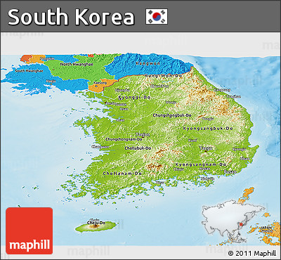 Physical Panoramic Map of South Korea, political outside, shaded relief sea