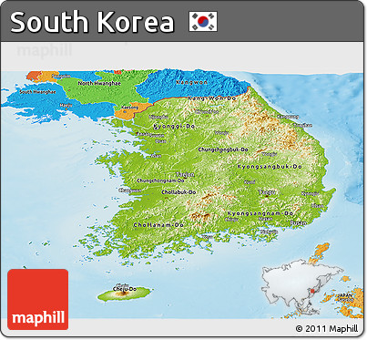 Physical Panoramic Map of South Korea, political outside, shaded relief sea