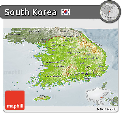 Physical Panoramic Map of South Korea, semi-desaturated