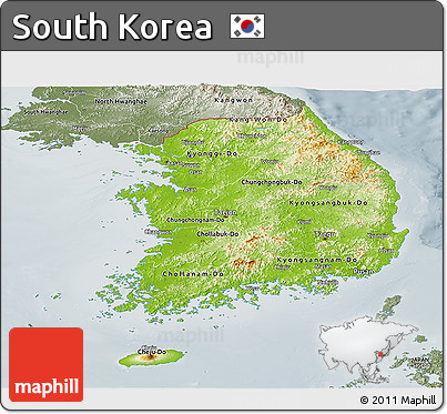 Physical Panoramic Map of South Korea, semi-desaturated