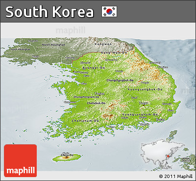 Physical Panoramic Map of South Korea, semi-desaturated
