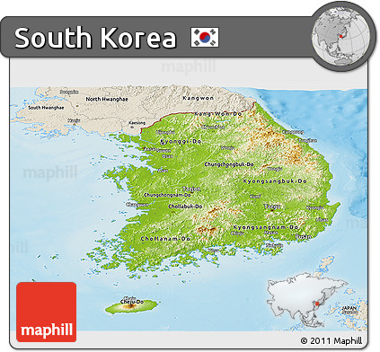 Physical Panoramic Map of South Korea, shaded relief outside