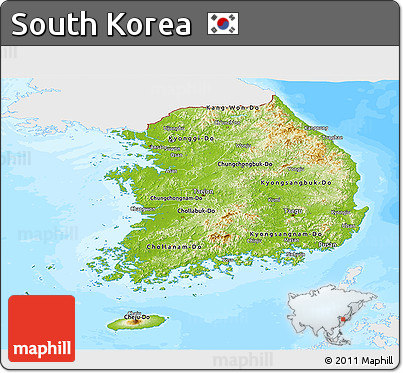 Physical Panoramic Map of South Korea, single color outside, bathymetry sea