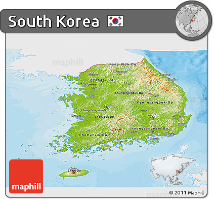 Physical Panoramic Map of South Korea, single color outside, bathymetry sea, shaded relief sea