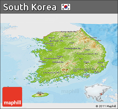 Physical Panoramic Map of South Korea, single color outside, bathymetry sea, shaded relief sea