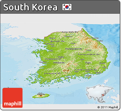 Physical Panoramic Map of South Korea, single color outside, bathymetry sea, shaded relief sea