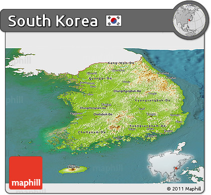 Physical Panoramic Map of South Korea, single color outside, satellite sea