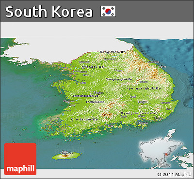 Physical Panoramic Map of South Korea, single color outside, satellite sea