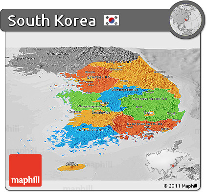 Political Panoramic Map of South Korea, desaturated
