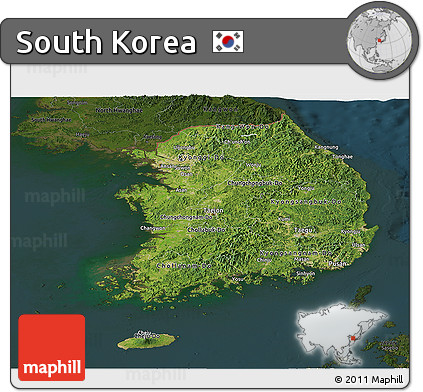 Satellite Panoramic Map of South Korea, darken