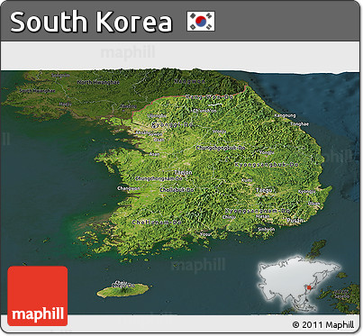 Satellite Panoramic Map of South Korea, darken