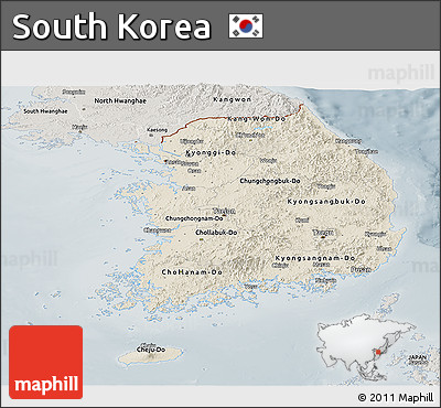 Shaded Relief Panoramic Map of South Korea, semi-desaturated
