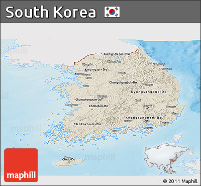 Shaded Relief Panoramic Map of South Korea, single color outside