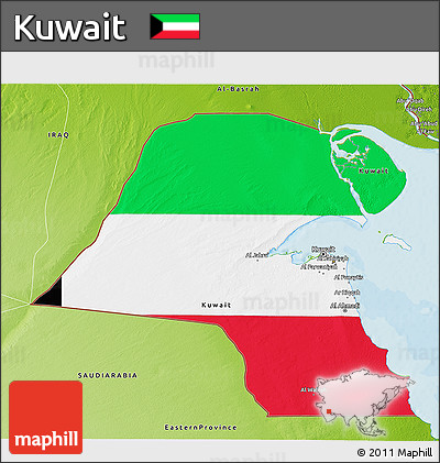 Flag 3D Map of Kuwait, physical outside, bathymetry sea, flag centered