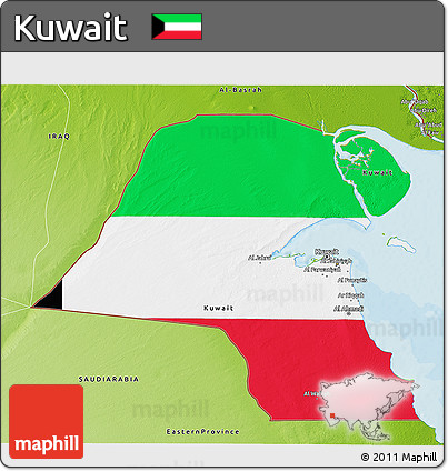 Flag 3D Map of Kuwait, physical outside, bathymetry sea, flag centered