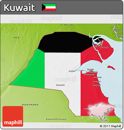 Flag 3D Map of Kuwait, physical outside, flag rotated