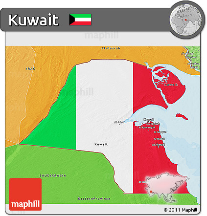 Flag 3D Map of Kuwait, political shades outside, flag aligned to the middle