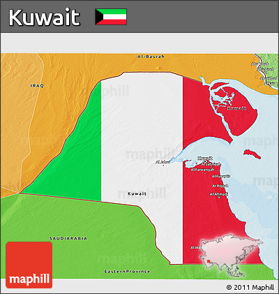Flag 3D Map of Kuwait, political shades outside, flag aligned to the middle