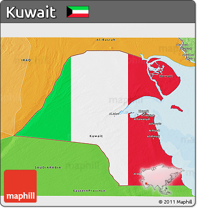 Flag 3D Map of Kuwait, political shades outside, flag aligned to the middle