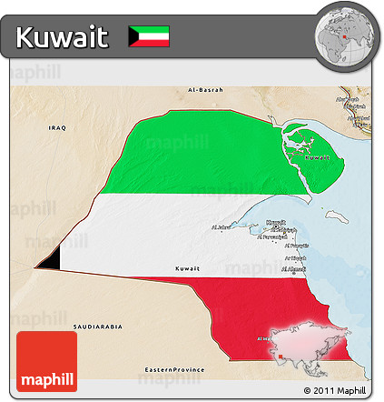 Flag 3D Map of Kuwait, satellite outside, bathymetry sea, flag centered