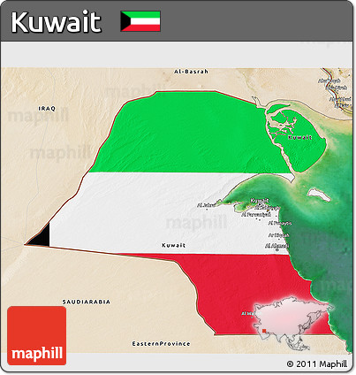 Flag 3D Map of Kuwait, satellite outside, flag centered