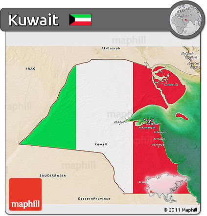 Flag 3D Map of Kuwait, satellite outside, flag aligned to the middle