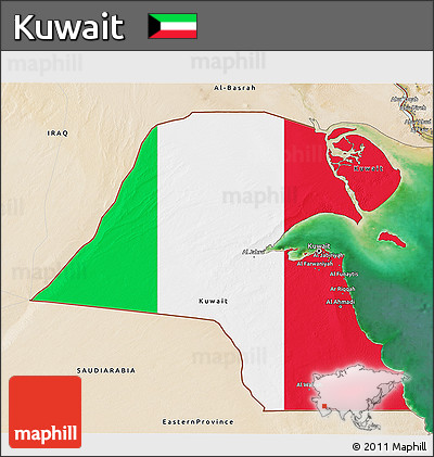 Flag 3D Map of Kuwait, satellite outside, flag aligned to the middle