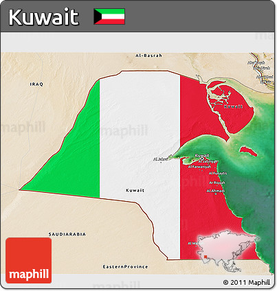 Flag 3D Map of Kuwait, satellite outside, flag aligned to the middle