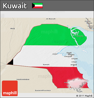 Flag 3D Map of Kuwait, shaded relief outside, bathymetry sea, flag centered
