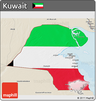 Flag 3D Map of Kuwait, shaded relief outside, bathymetry sea, flag centered