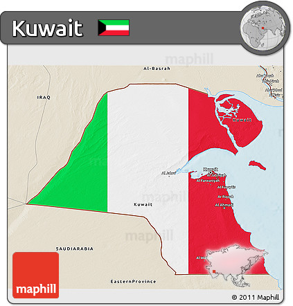 Flag 3D Map of Kuwait, shaded relief outside, flag aligned to the middle