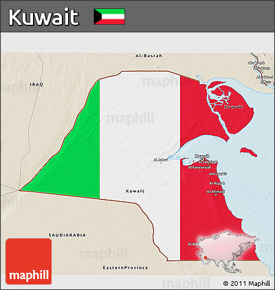 Flag 3D Map of Kuwait, shaded relief outside, flag aligned to the middle