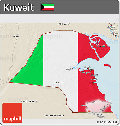 Flag 3D Map of Kuwait, shaded relief outside, flag aligned to the middle