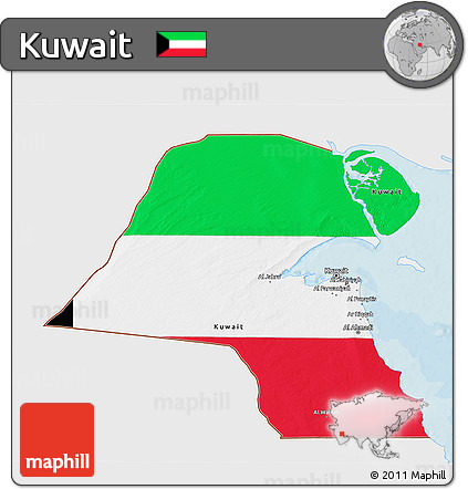 Flag 3D Map of Kuwait, single color outside, bathymetry sea, shaded relief sea, flag centered